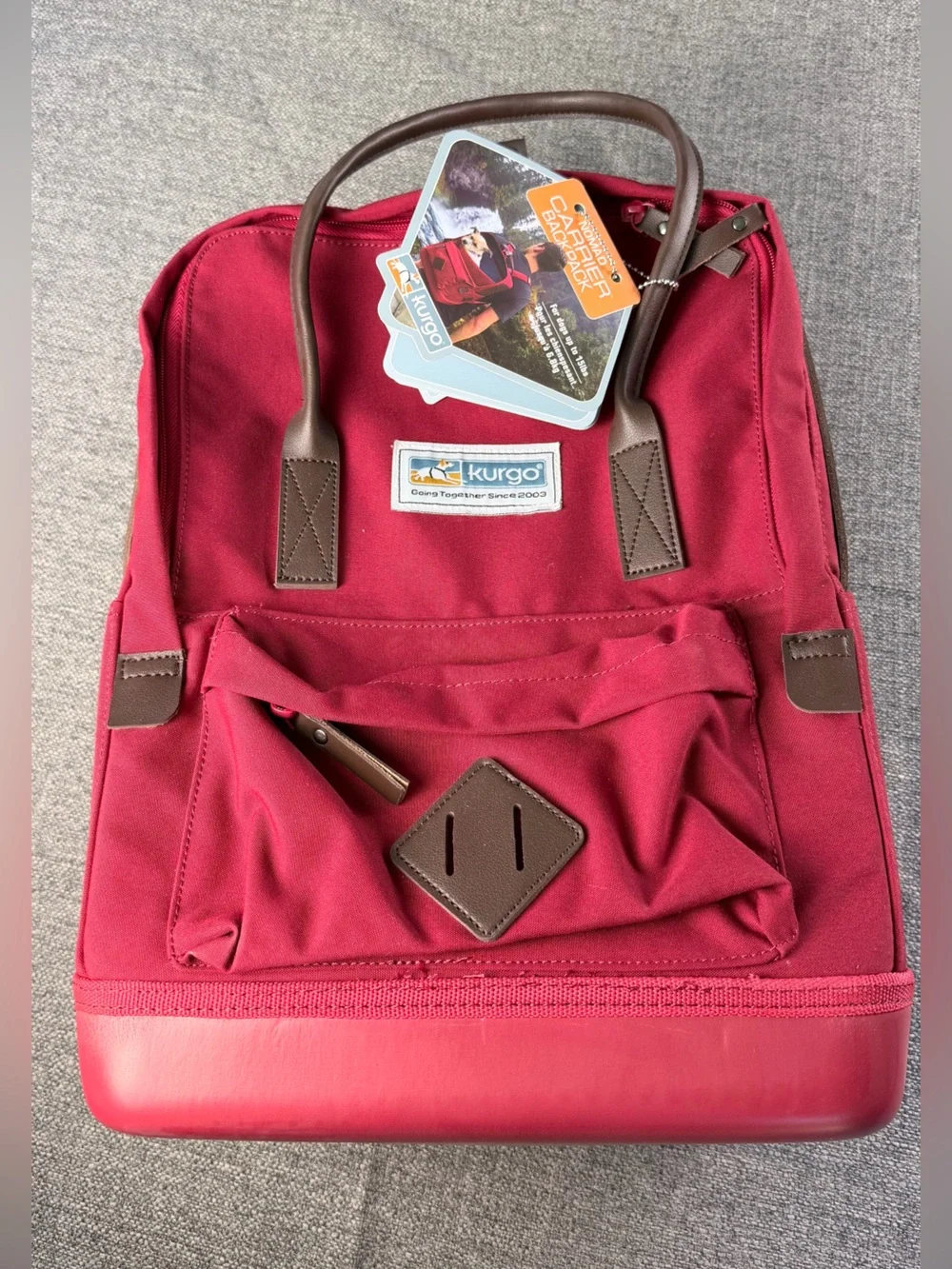 Kurgo Cranberry Red Travel Pet Backpack with Brown Trim